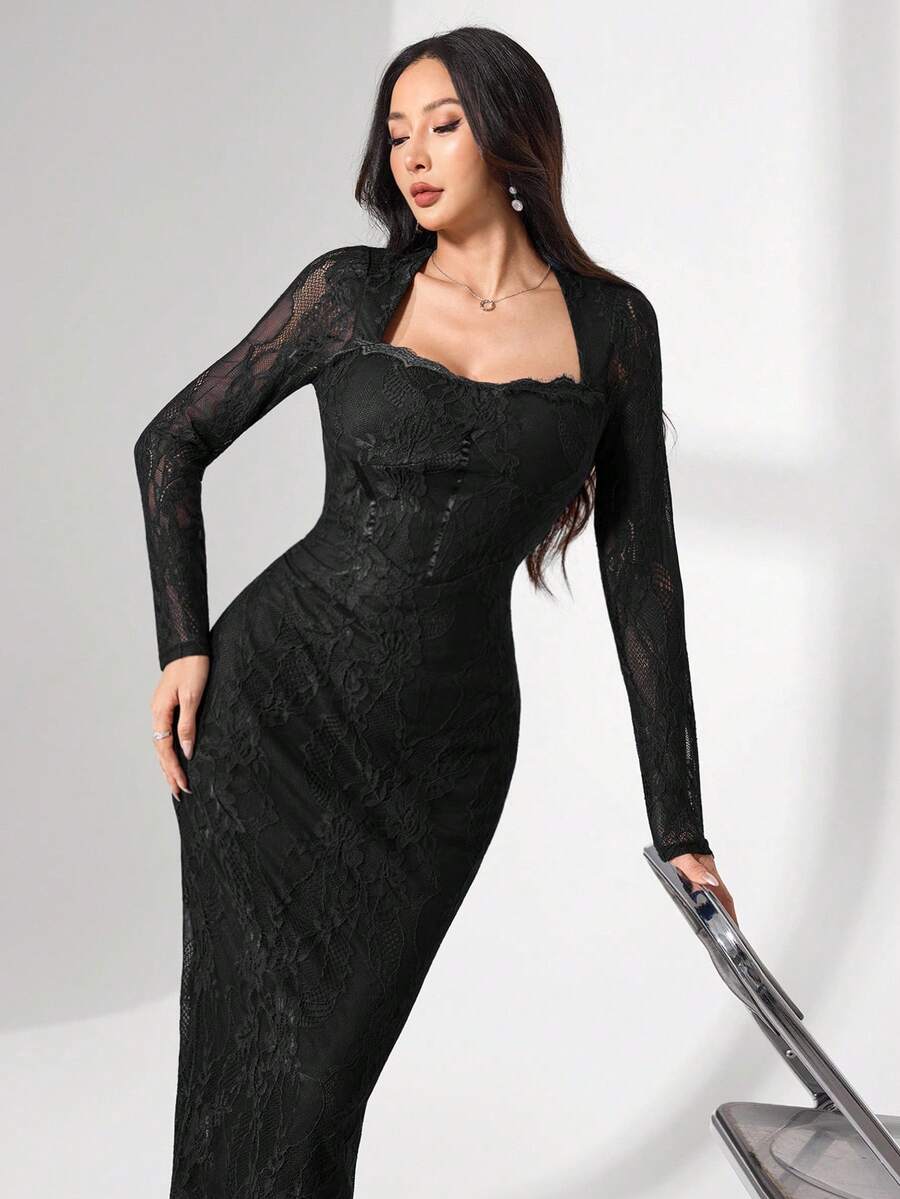 SHEIN Modelyn فستان اسود أكمام طويلة وياقة مربعة بالدانتيل
