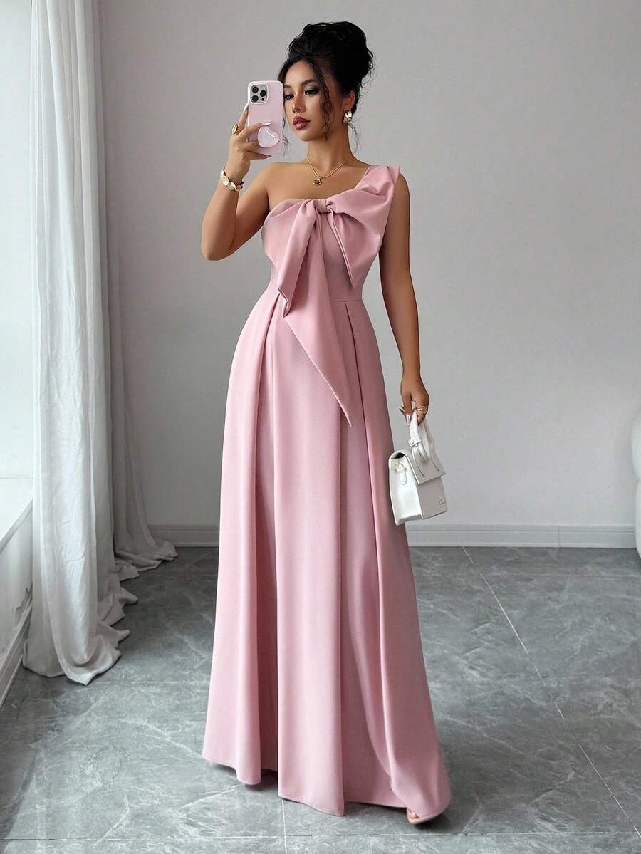 SHEIN ELENZGA فستان وردي أنيق بخصر عقدة منحرف التصميم وفيونكة