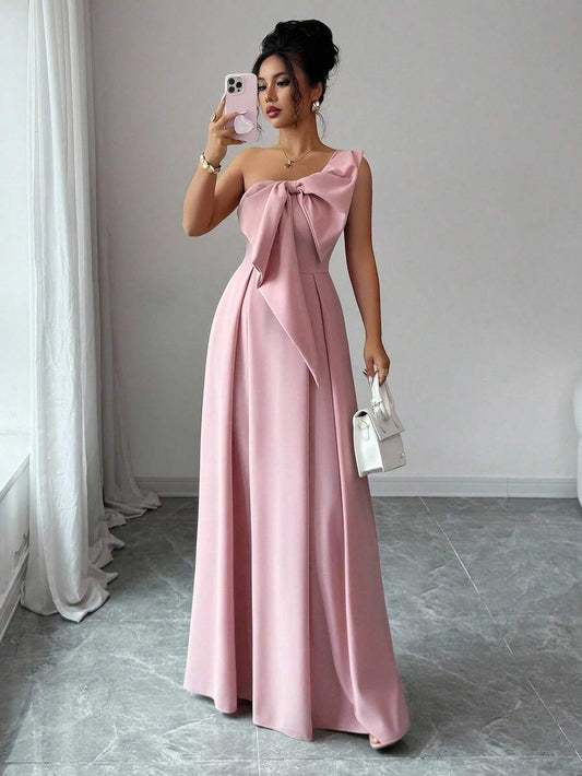 SHEIN ELENZGA فستان وردي أنيق بخصر عقدة منحرف التصميم وفيونكة