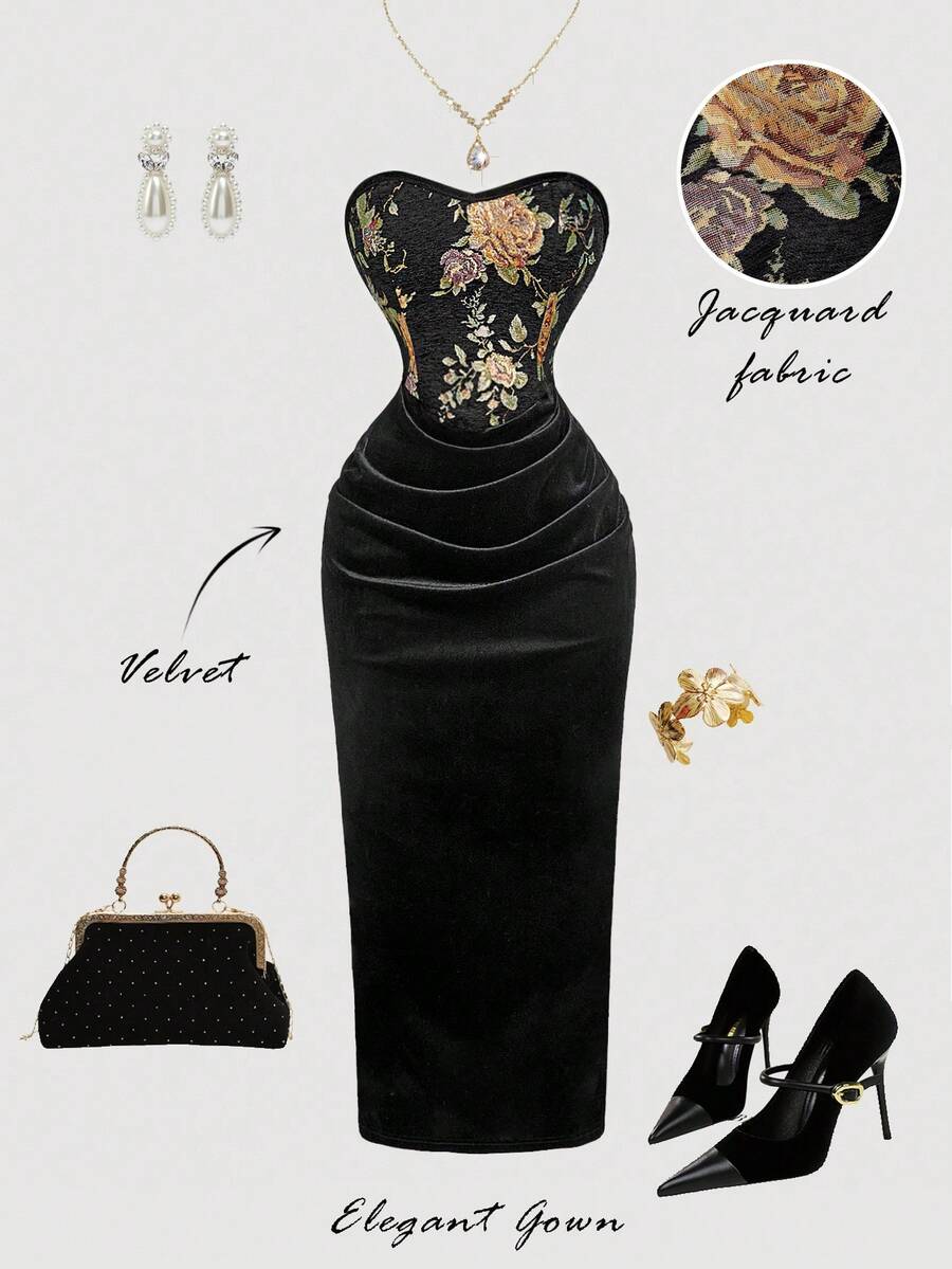 SHEIN MOD فستان أنبوبي أسود مزخرف بالأزهار