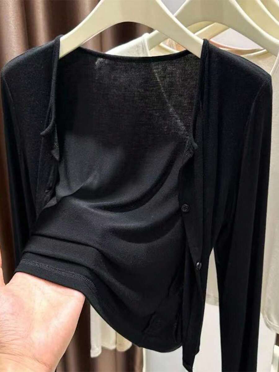 SHEIN INAWLY كارديجان أسود بأكمام طويلة وأزرار أمامية خفيف ومريح