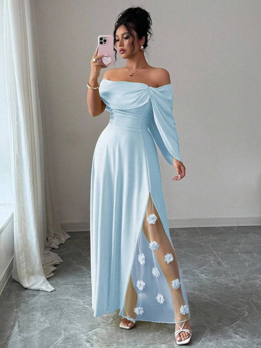 SHEIN Selianne فستان ماكسي بلون أزرق فاتح مزين بزهور في الأسفل