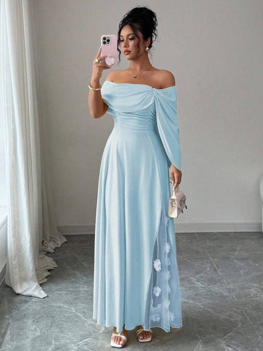 SHEIN Selianne فستان ماكسي بلون أزرق فاتح مزين بزهور في الأسفل