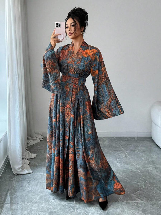 SHEIN Elenzga فستان طويل مطبوع بأكمام واسعة وتصميم ملفوف