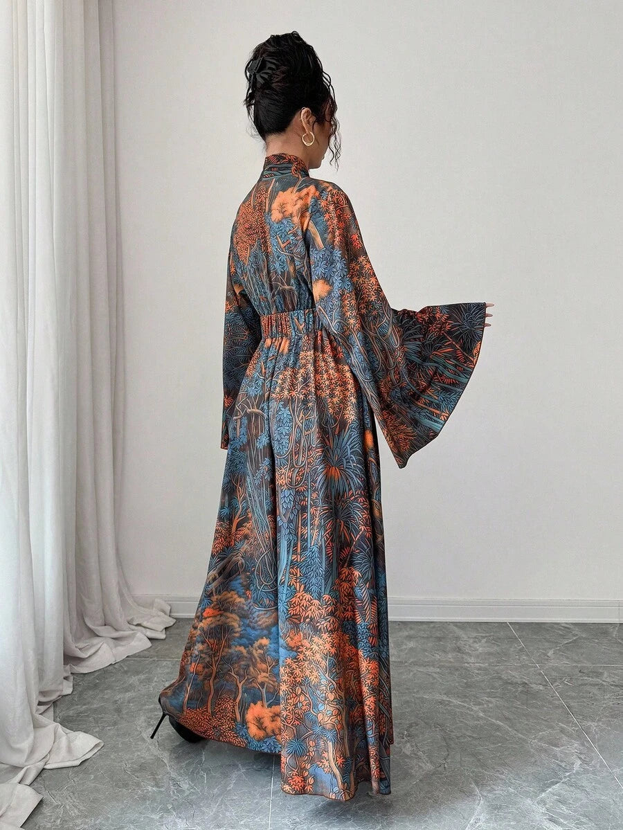 SHEIN Elenzga فستان طويل مطبوع بأكمام واسعة وتصميم ملفوف