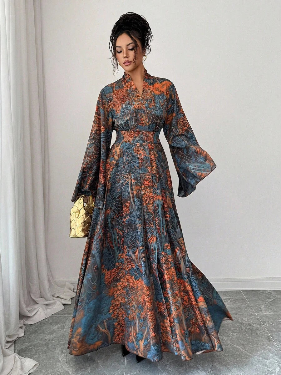 SHEIN Elenzga فستان طويل مطبوع بأكمام واسعة وتصميم ملفوف