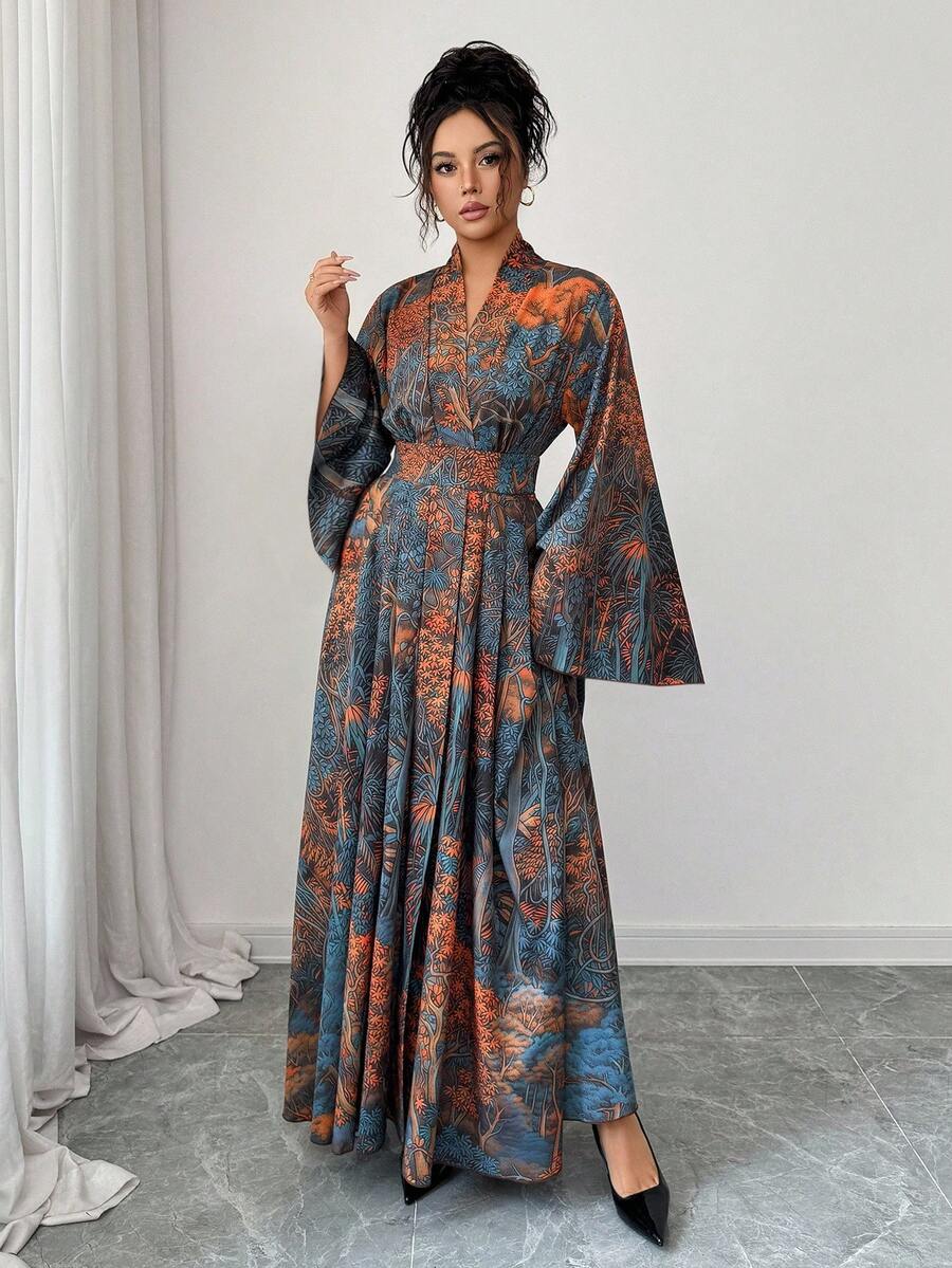 SHEIN Elenzga فستان طويل مطبوع بأكمام واسعة وتصميم ملفوف