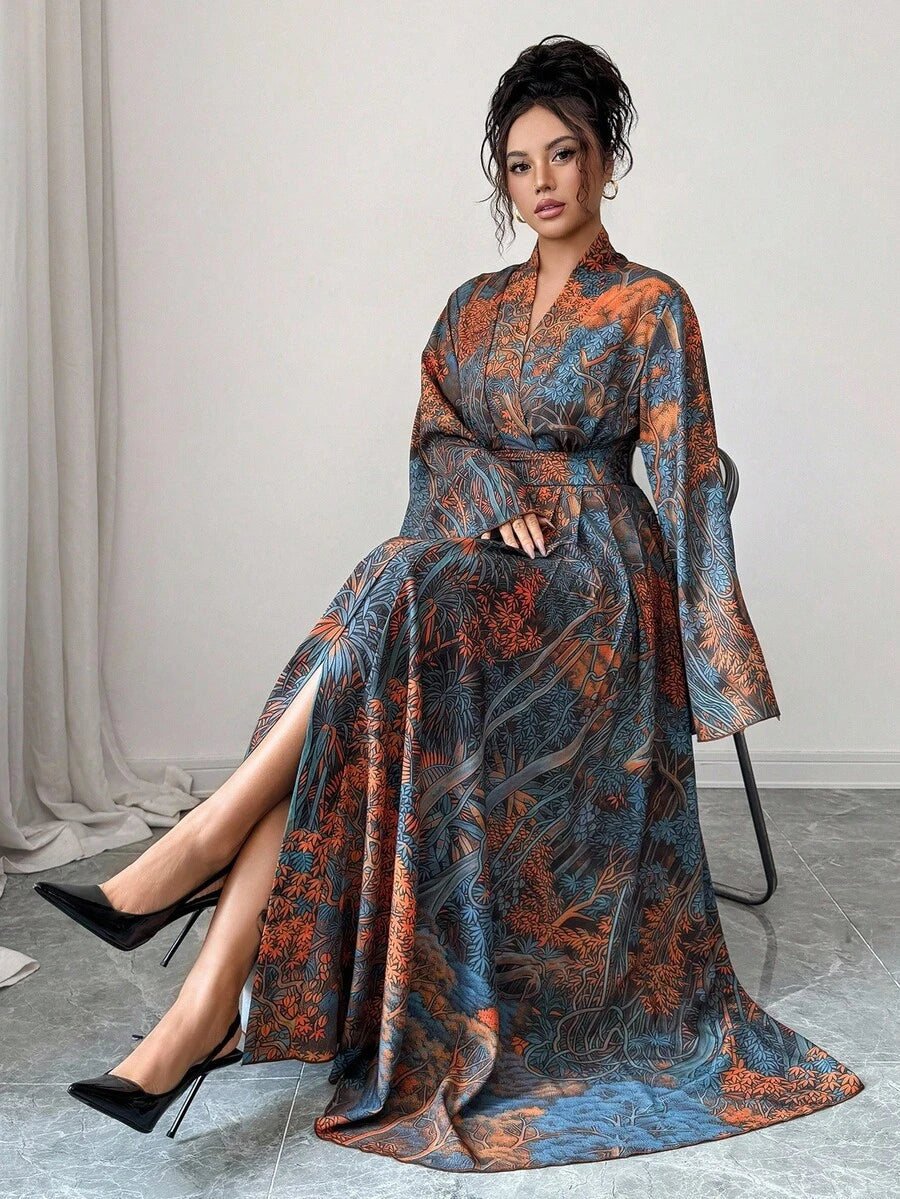 SHEIN Elenzga فستان طويل مطبوع بأكمام واسعة وتصميم ملفوف