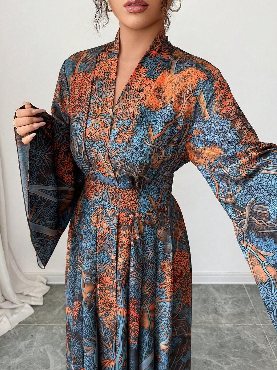 SHEIN Elenzga فستان طويل مطبوع بأكمام واسعة وتصميم ملفوف