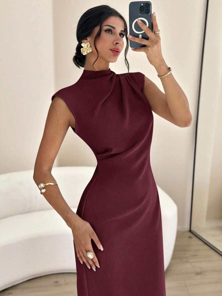 SHEIN Firerie فستان ماكسي عنابي بأكمام منسدلة وخصر مربوط