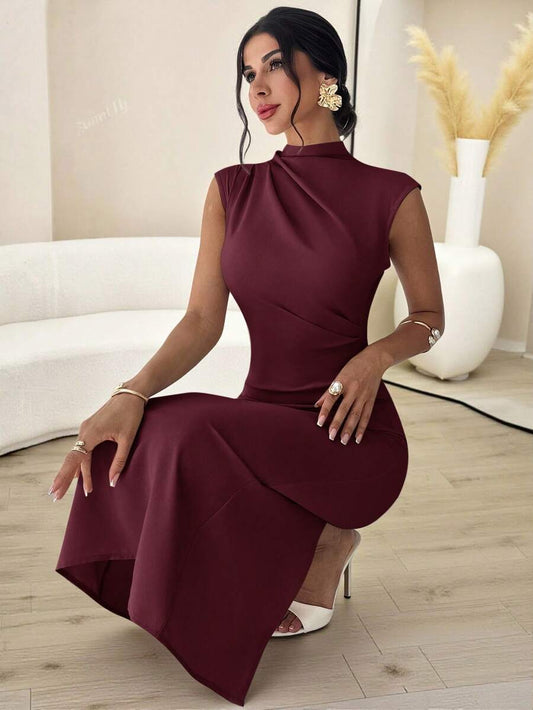 SHEIN Firerie فستان ماكسي عنابي بأكمام منسدلة وخصر مربوط