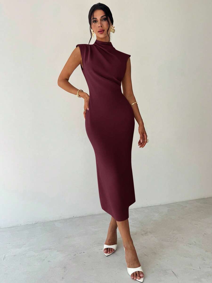 SHEIN Firerie فستان ماكسي عنابي بأكمام منسدلة وخصر مربوط