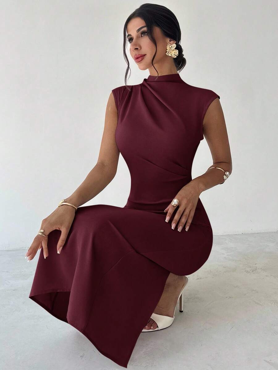 SHEIN Firerie فستان ماكسي عنابي بأكمام منسدلة وخصر مربوط