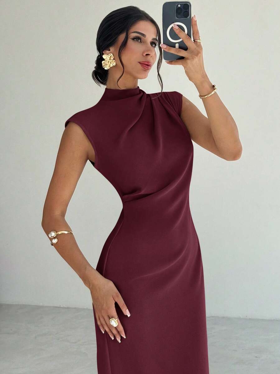 SHEIN Firerie فستان ماكسي عنابي بأكمام منسدلة وخصر مربوط
