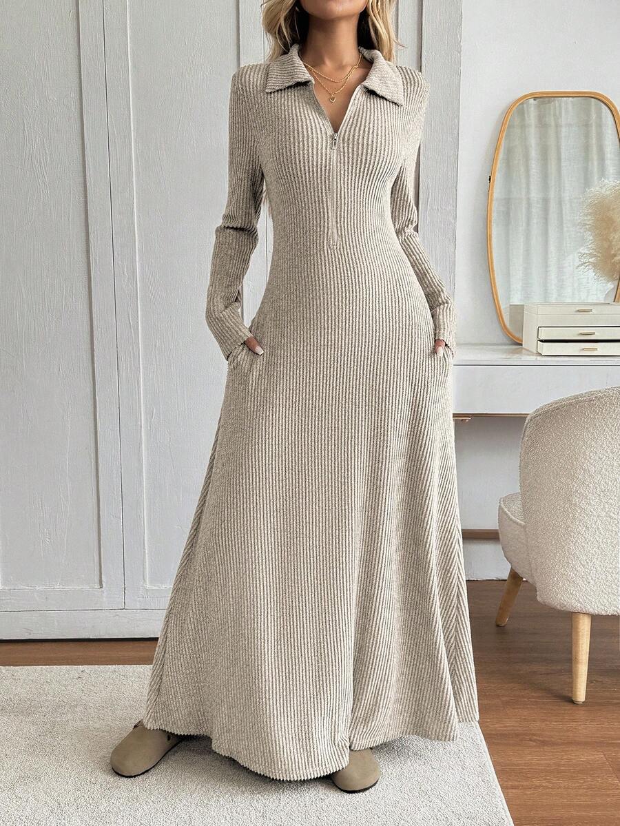 SHEIN Easowa فستان بيج ماكسي تريكو بياقة بولو وأكمام طويلة