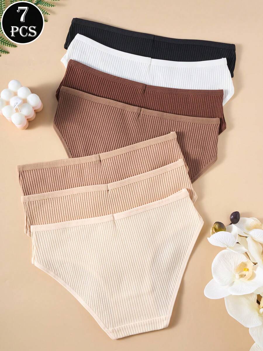 SHEIN طقم 7 قطع ملابس داخلية نسائية قطنية مضلعة ناعمة بدون حياكة