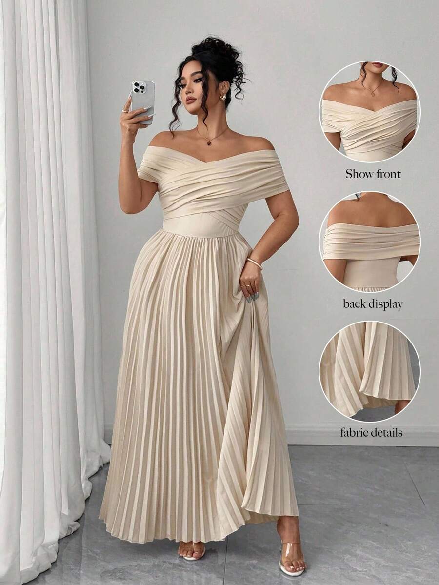SHEIN Elenzga فستان أكتاف مكشوفة بطيات عند الخصر بلون كاكي