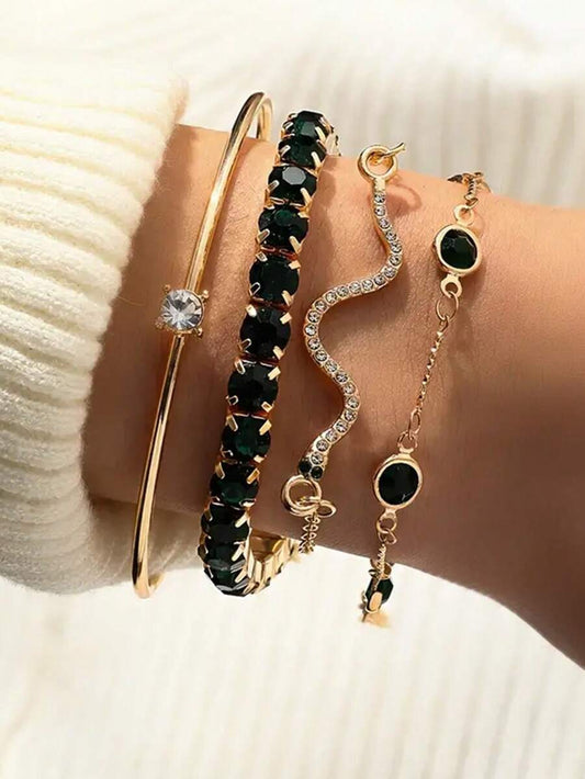 SHEIN أساور 4 قطع بكريستال أخضر بشكل ثعبان