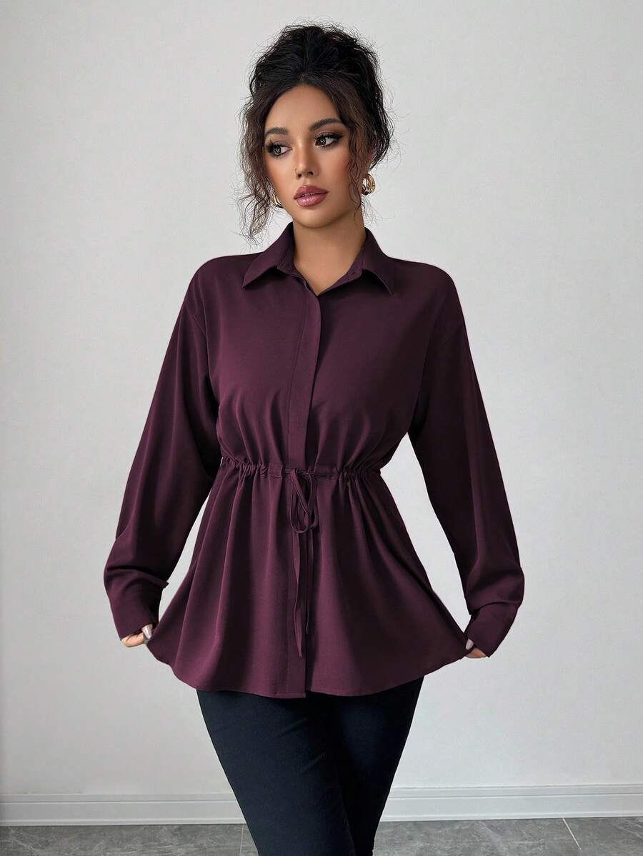 SHEIN Elenzga قميص نسائي بأزرار مخفية وربطة خصر بفيونكة