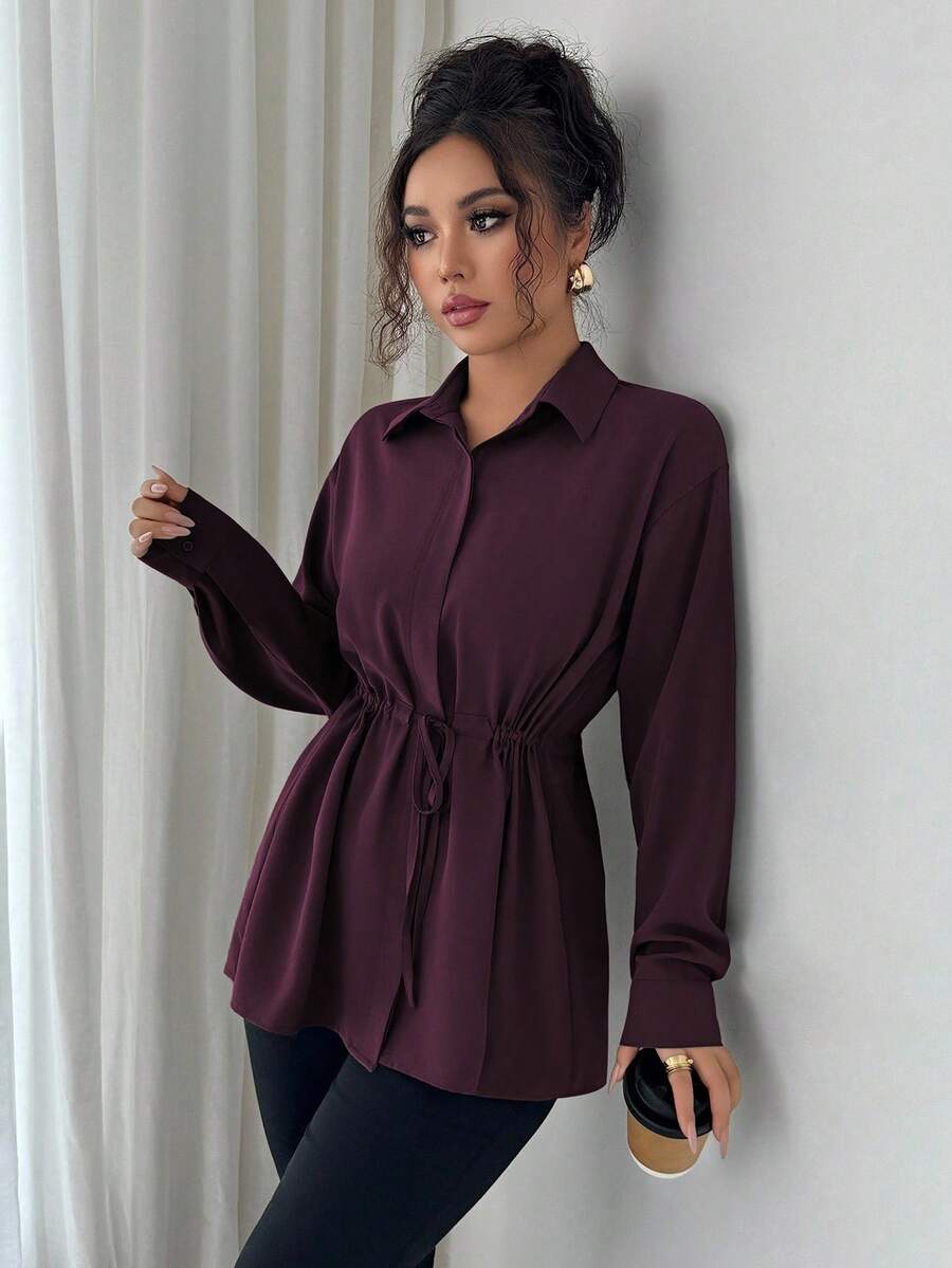 SHEIN Elenzga قميص نسائي بأزرار مخفية وربطة خصر بفيونكة