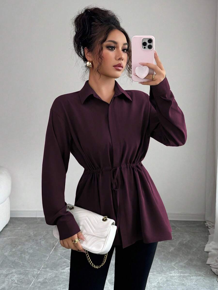 SHEIN Elenzga قميص نسائي بأزرار مخفية وربطة خصر بفيونكة