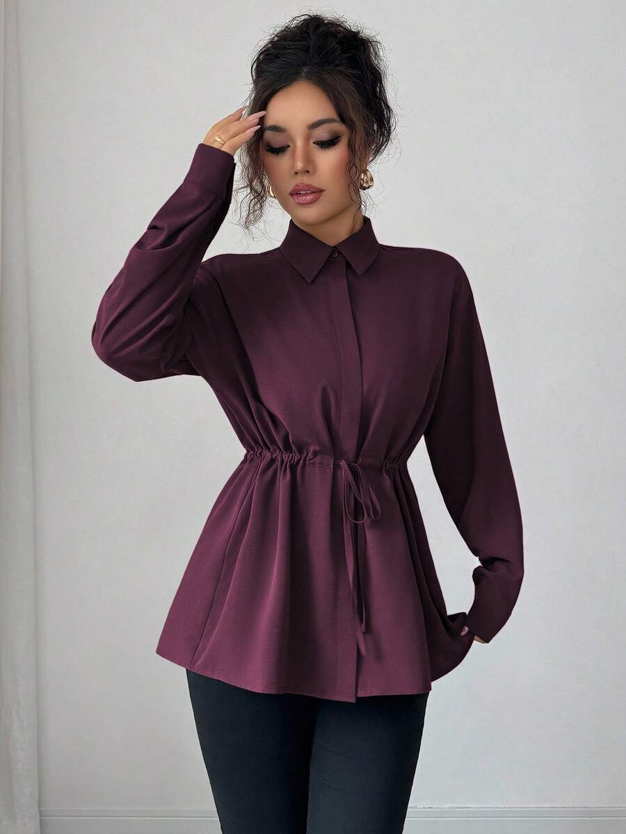 SHEIN Elenzga قميص نسائي بأزرار مخفية وربطة خصر بفيونكة