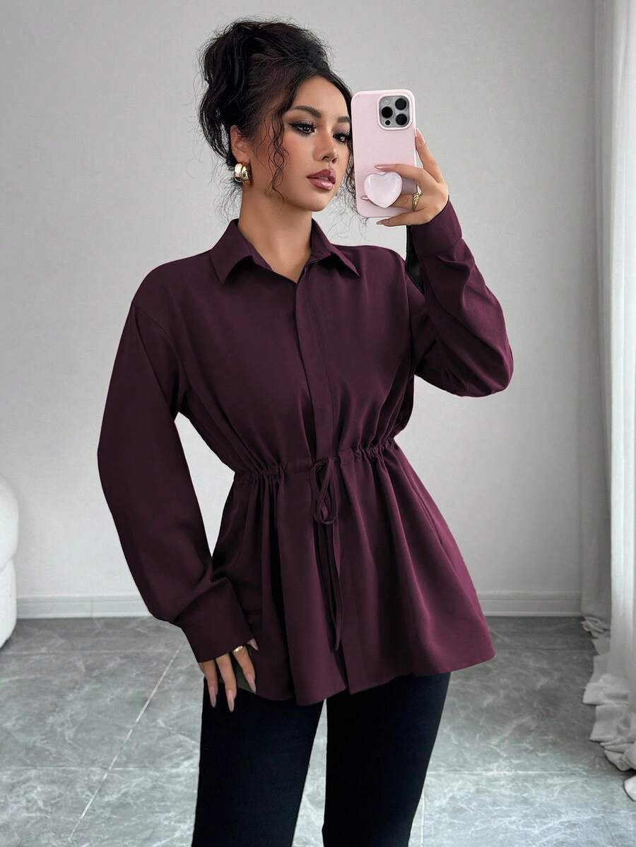 SHEIN Elenzga قميص نسائي بأزرار مخفية وربطة خصر بفيونكة