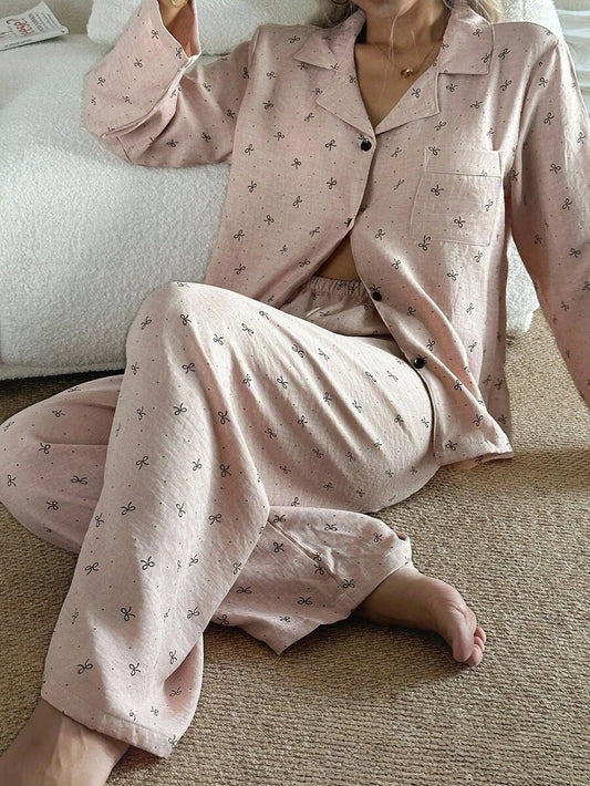 SHEIN Dream Adore بيجاما وردية بأكمام طويلة وطبعة فراشة