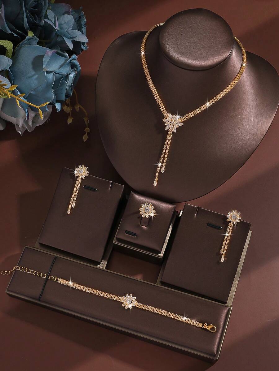 SHEIN طقم مجوهرات 5 قطع زركونيا بتصميم زهور