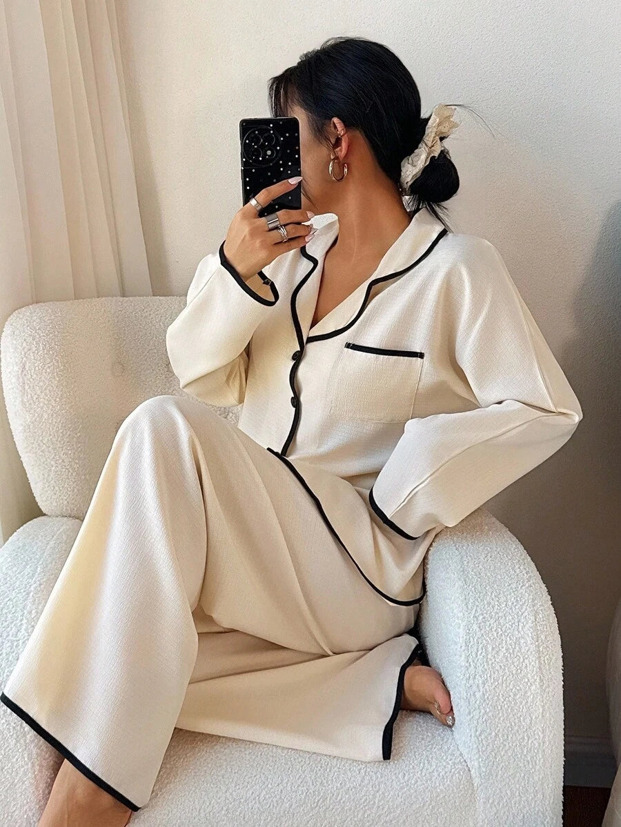 SHEIN Dream Adore بيجامة بأكمام طويلة وياقة ملونة