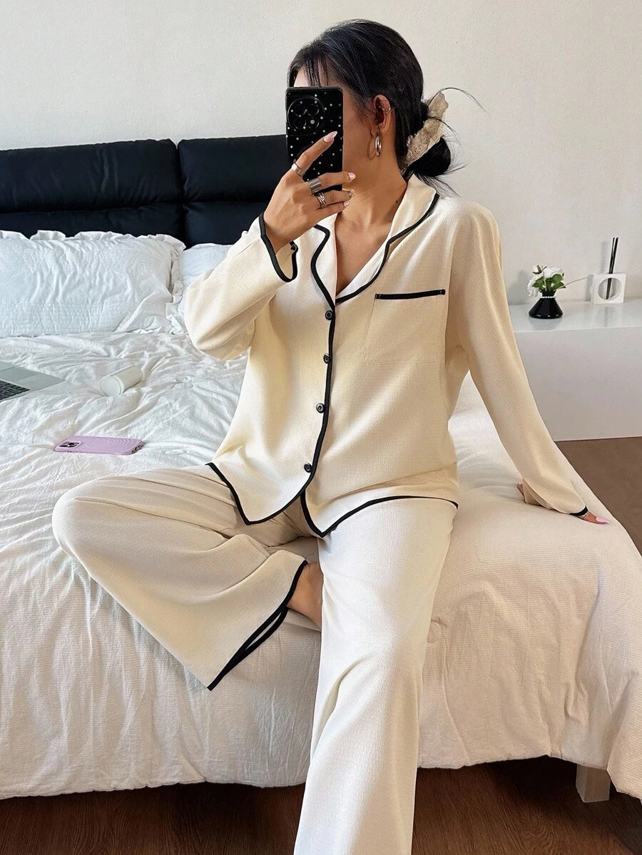 SHEIN Dream Adore بيجامة بأكمام طويلة وياقة ملونة