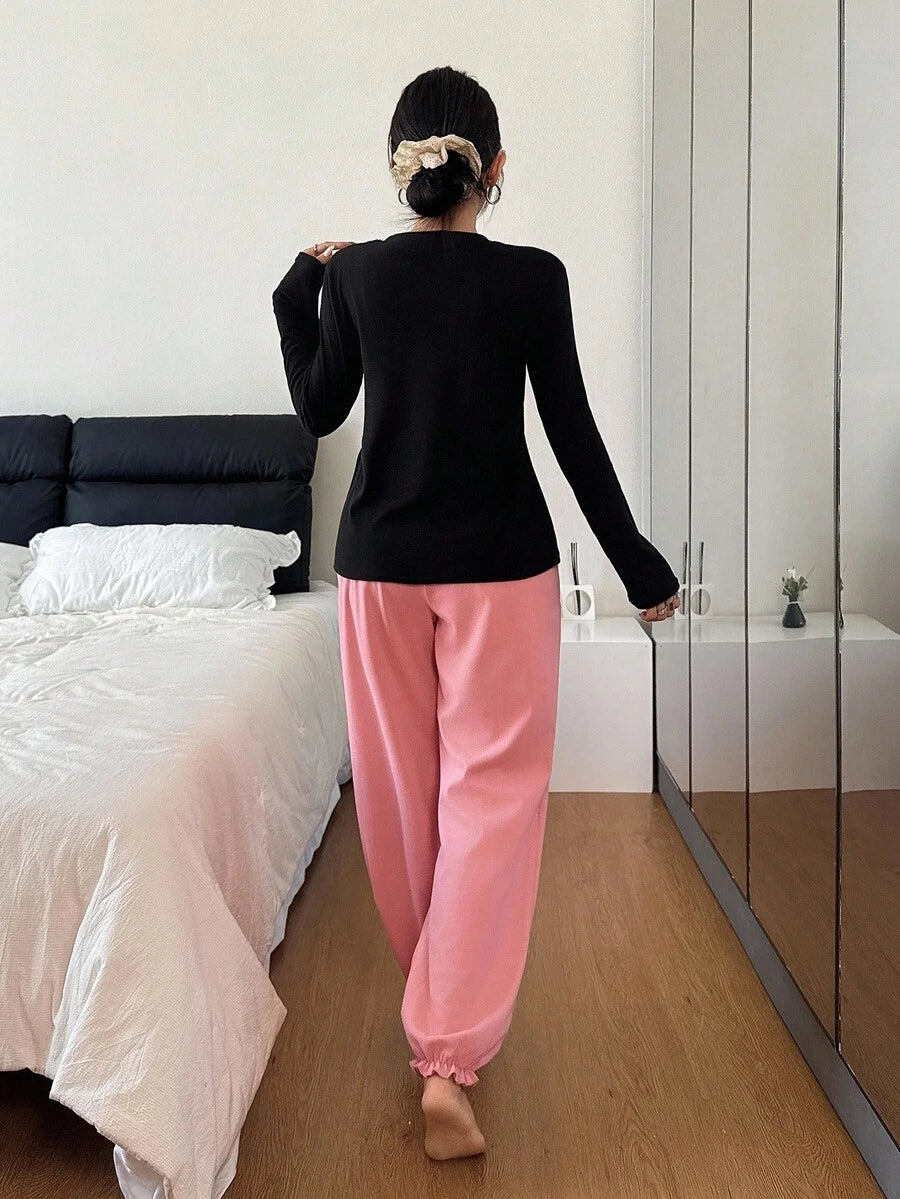 SHEIN Dream Adore طقم بيجامة بلوزة بفيونكة ثلاثية الأبعاد وبنطلون