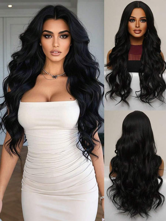 SHEIN باروكة شعر أسود طويل مموج 34 بوصة مقاومة للحرارة