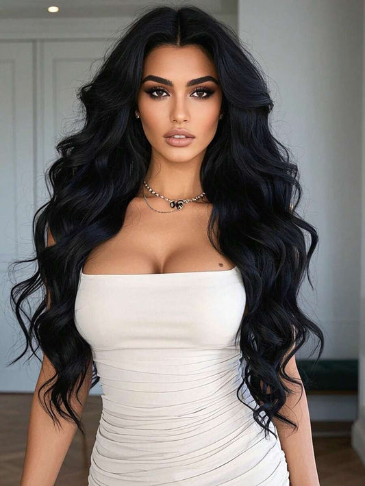 SHEIN باروكة شعر أسود طويل مموج 34 بوصة مقاومة للحرارة