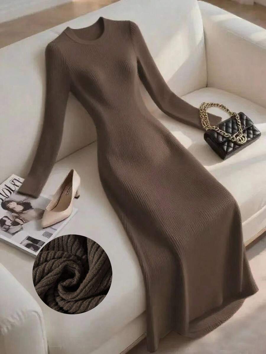 SHEIN Franclia فستان بني متوسط الطول بياقة مستديرة ونقشة مخططة
