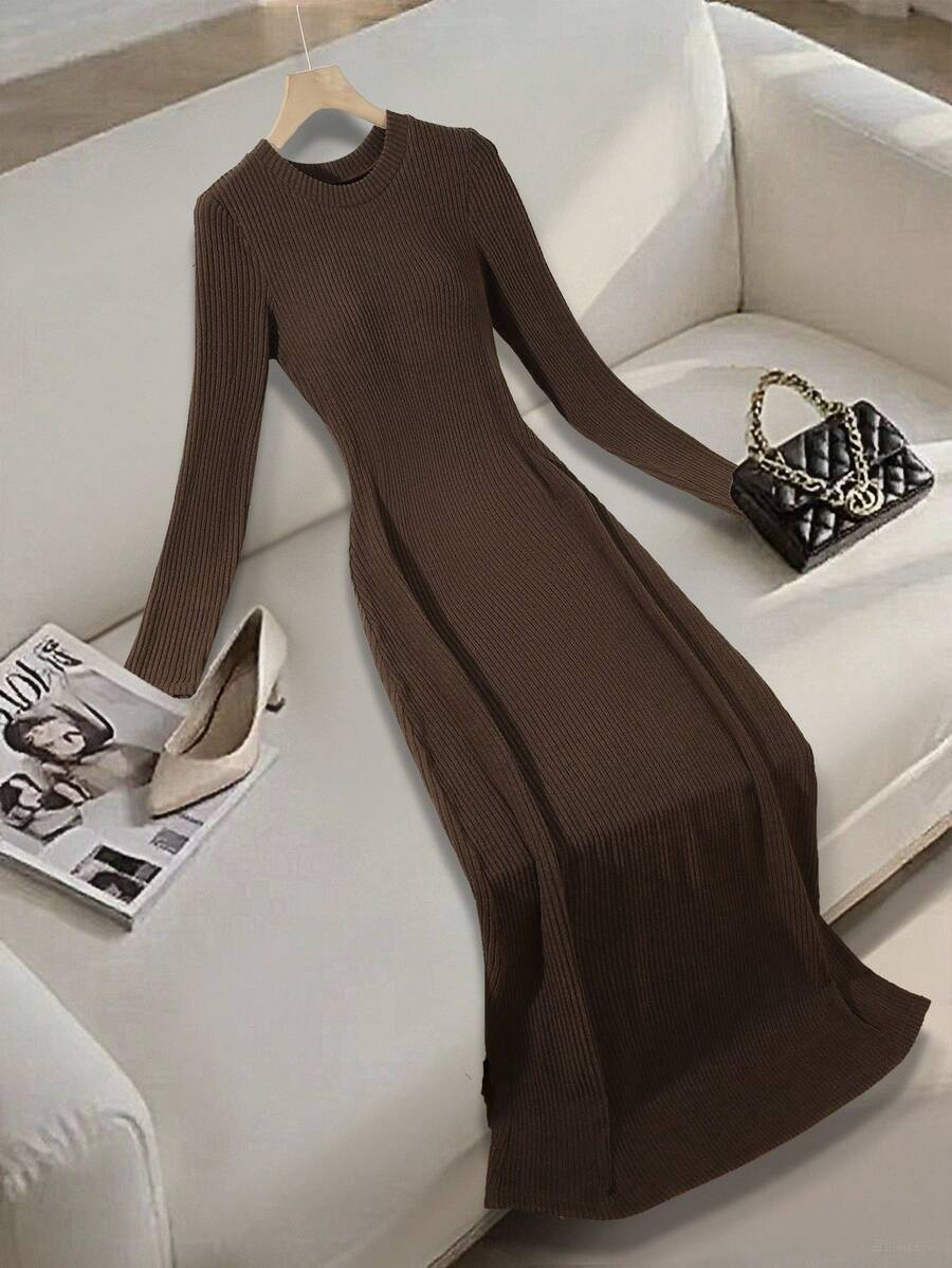 SHEIN Franclia فستان بني متوسط الطول بياقة مستديرة ونقشة مخططة