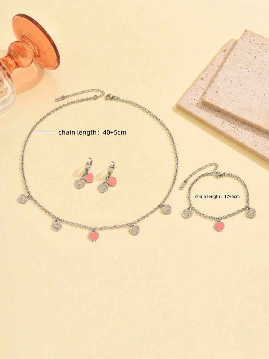 SHEIN مجموعة مجوهرات 4 قطع وردية على شكل قلب