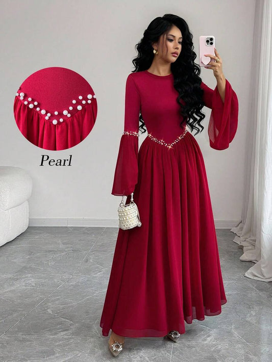 SHEIN ELENZGA فستان زفاف أنيق للضيوف رومانسي باللون العنابي
