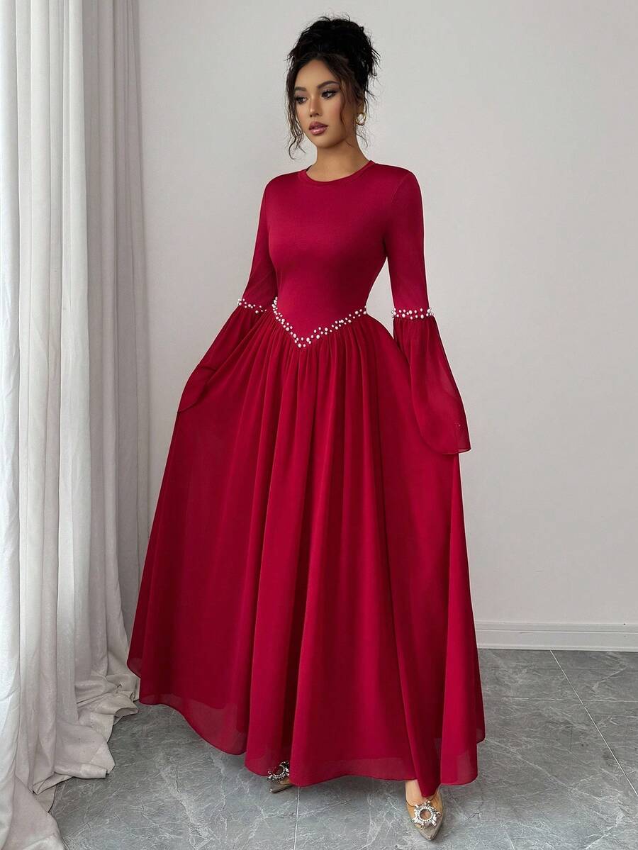 SHEIN ELENZGA فستان زفاف أنيق للضيوف رومانسي باللون العنابي