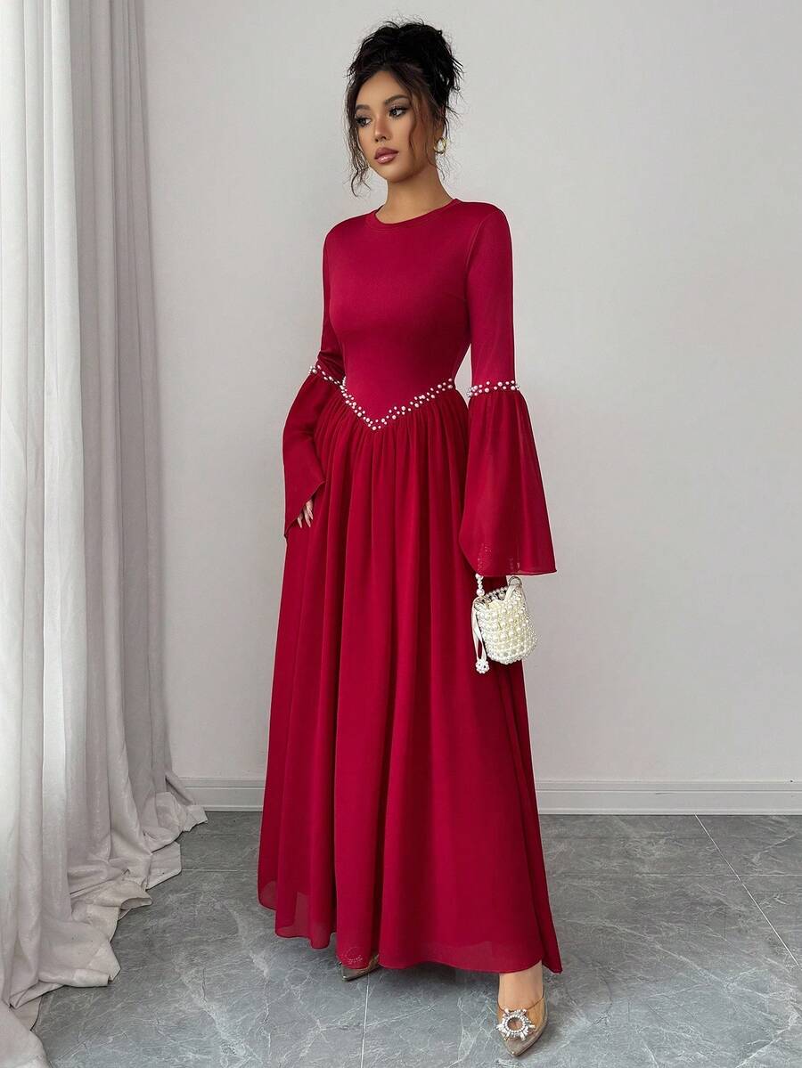 SHEIN ELENZGA فستان زفاف أنيق للضيوف رومانسي باللون العنابي