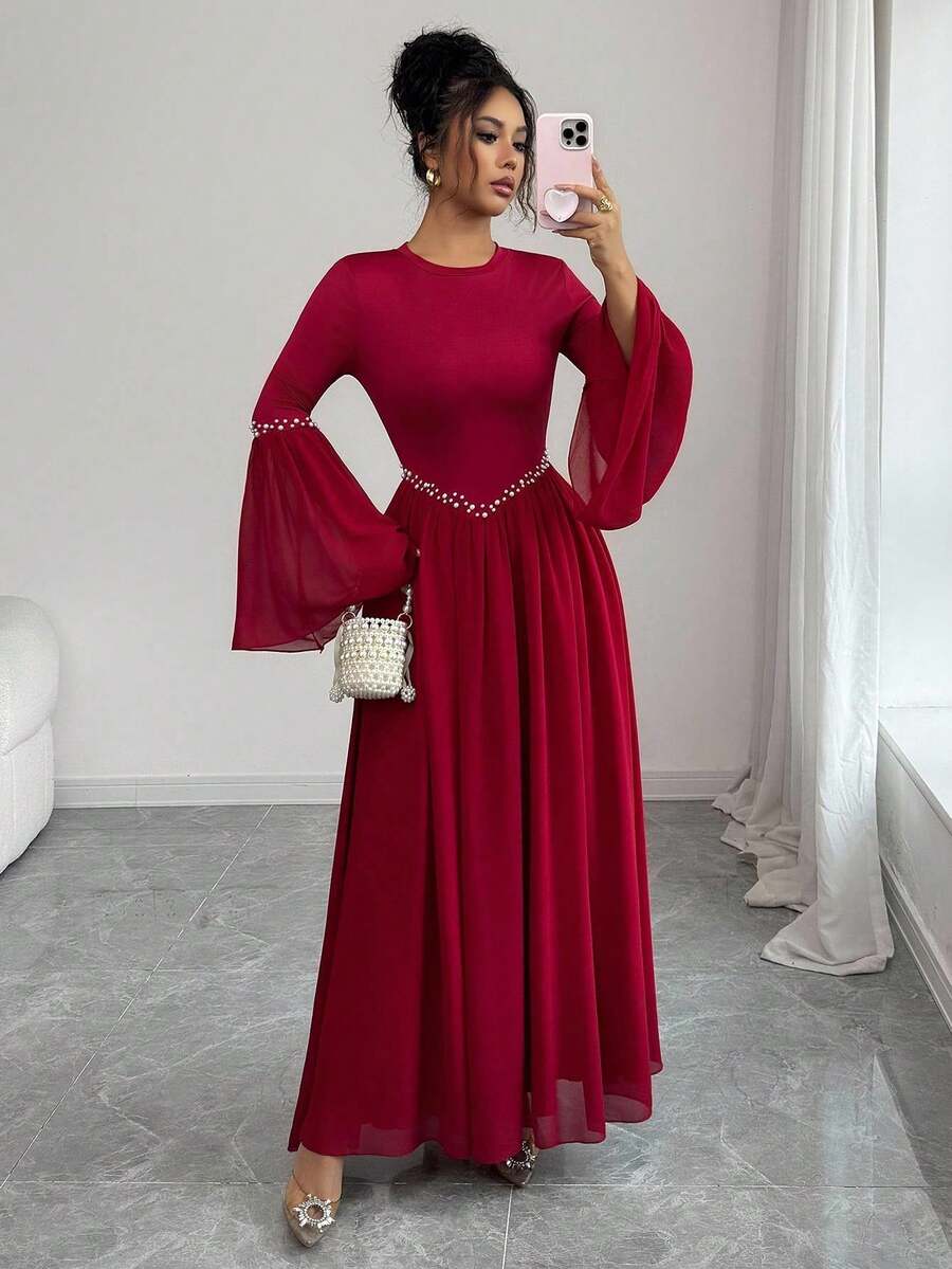 SHEIN ELENZGA فستان زفاف أنيق للضيوف رومانسي باللون العنابي