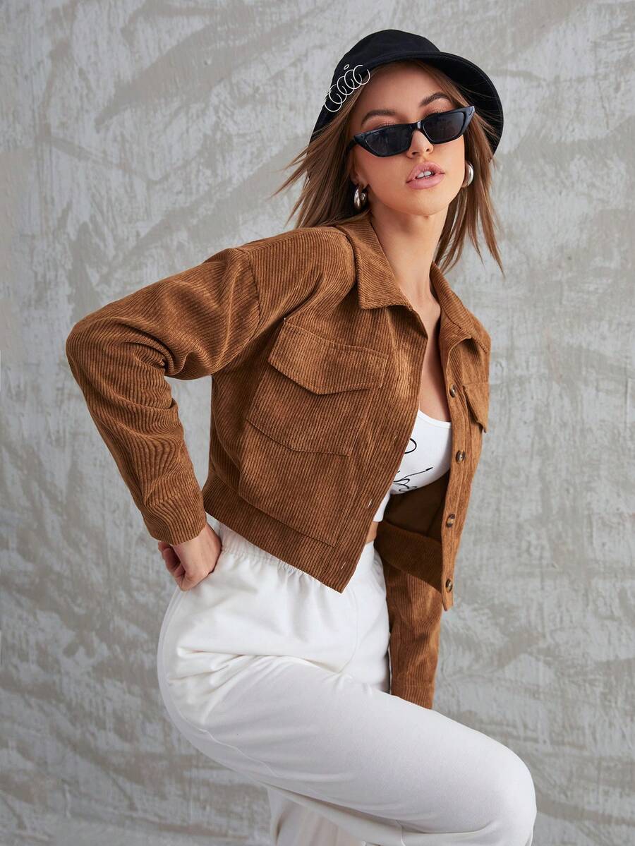 SHEIN Aidyla جاكيت كروب قطني بأزرار وجيوب رفرف