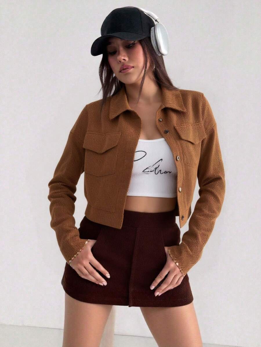 SHEIN Aidyla جاكيت كروب قطني بأزرار وجيوب رفرف