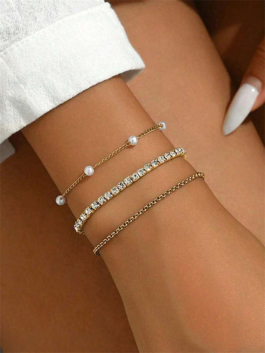 SHEIN مجموعة أساور 3 قطع ذهبية بالكريستال واللؤلؤ الاصطناعي