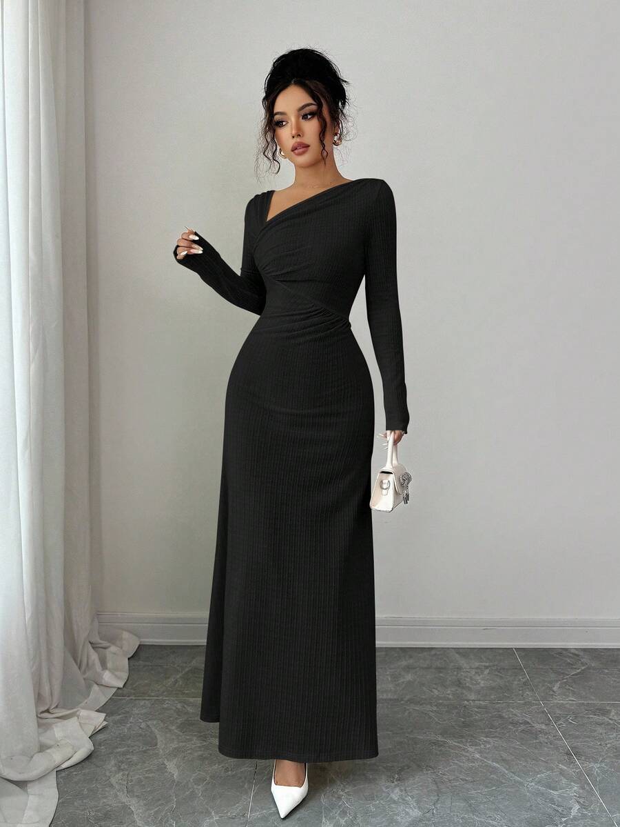 SHEIN Elenzga فستان اسود كاجوال بياقة مائلة وأكمام طويلة