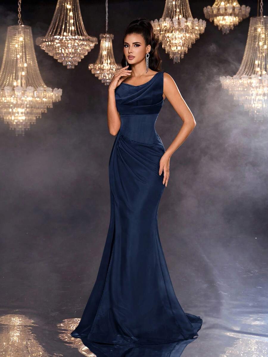 SHEIN Glamrae فستان سهرة رسمي بلون أزرق بحري بتجعيد وحاشية شفافة