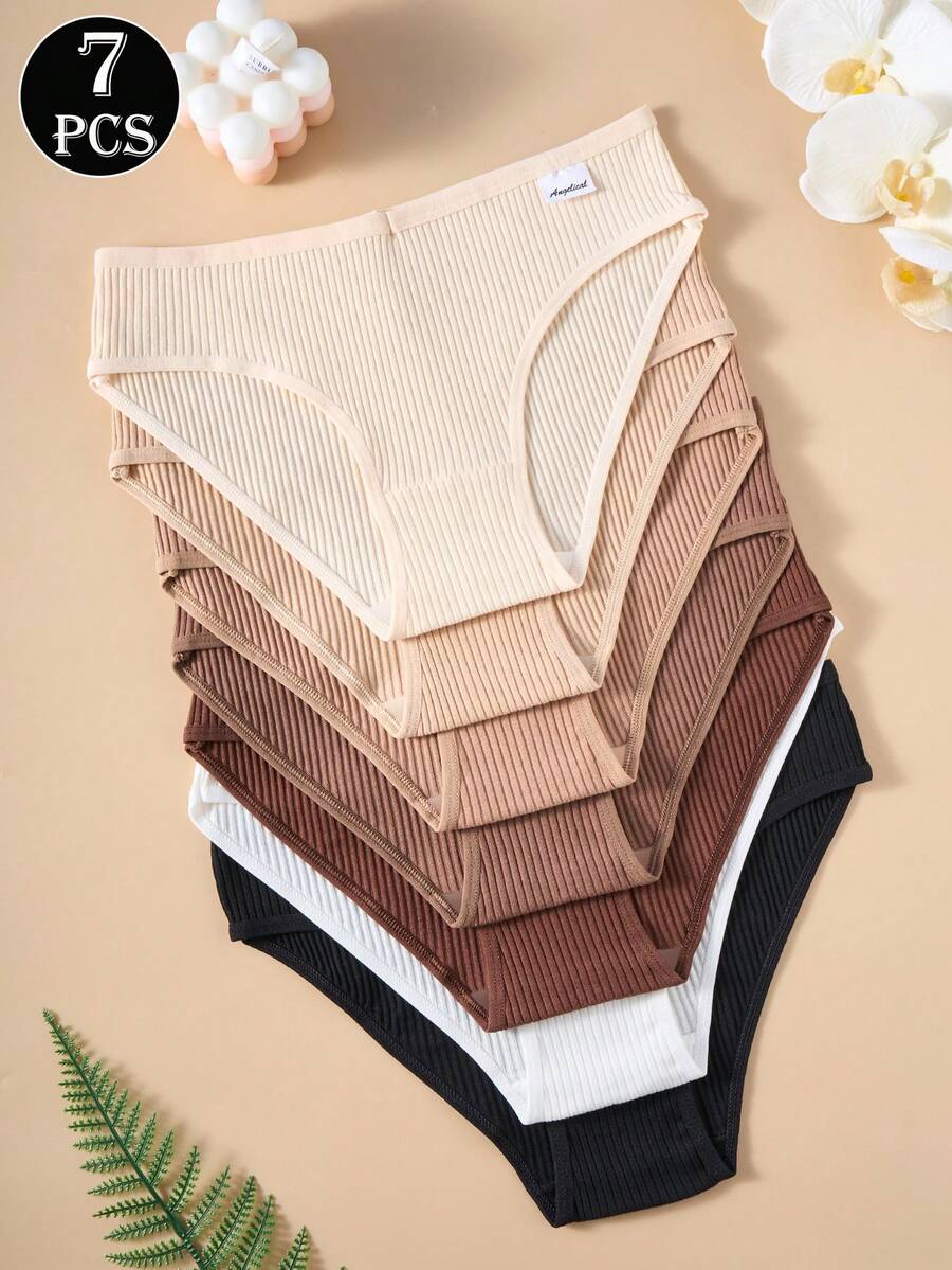 SHEIN طقم 7 قطع ملابس داخلية نسائية قطنية مضلعة ناعمة بدون حياكة