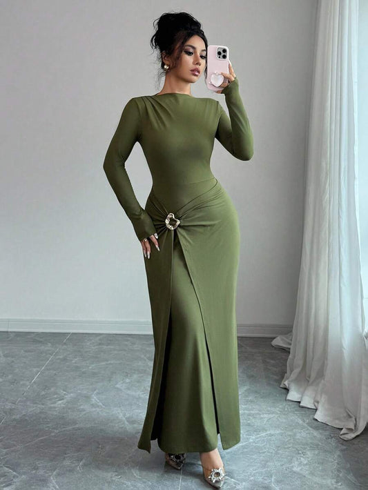 SHEIN Elenzga فستان اخضر طويل ضيق