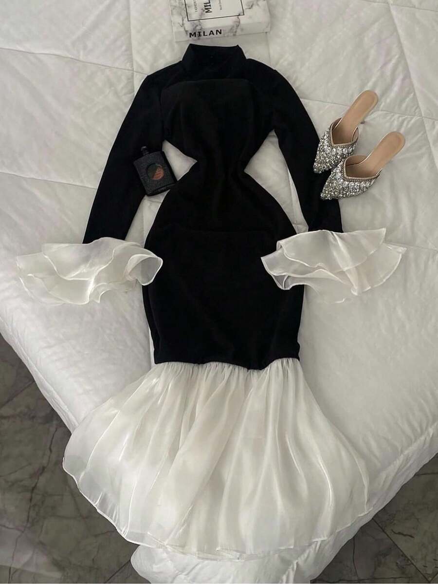 SHEIN INAWLY فستان أسود طويل بياقة عالية وحاشية مكسرة للمقاسات الكبيرة