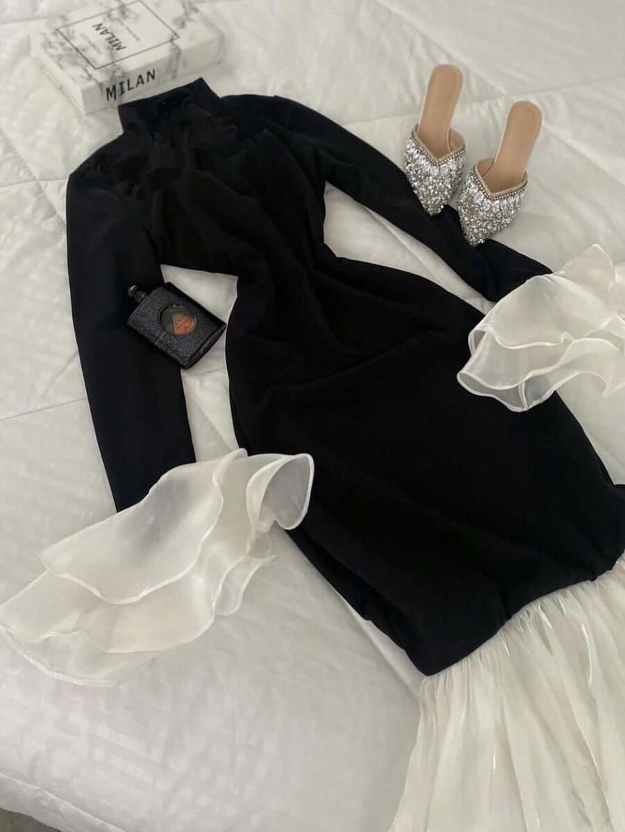 SHEIN INAWLY فستان أسود طويل بياقة عالية وحاشية مكسرة للمقاسات الكبيرة